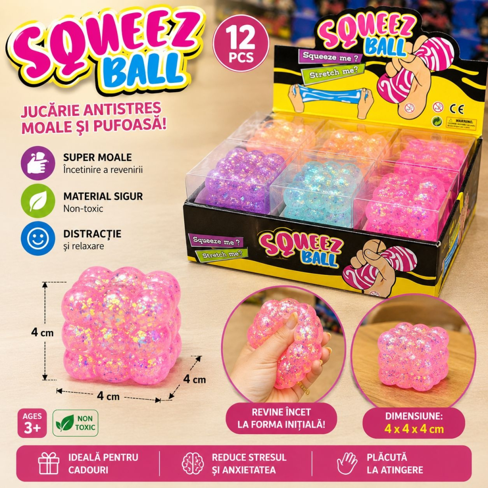Jucărie Antistres Cub Squishy Bubble cu Sclipici, 4x4x4 cm, Moale și Elastică, Culori Asortate [2]