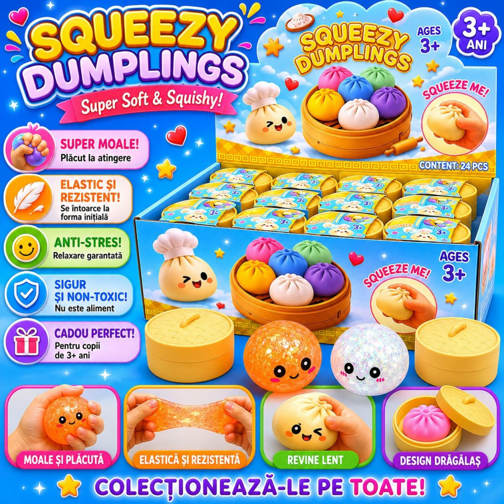 Jucarie antistres Dumpling Squishy 8.5cm, moale si elastica, culori aleatorii [2]
