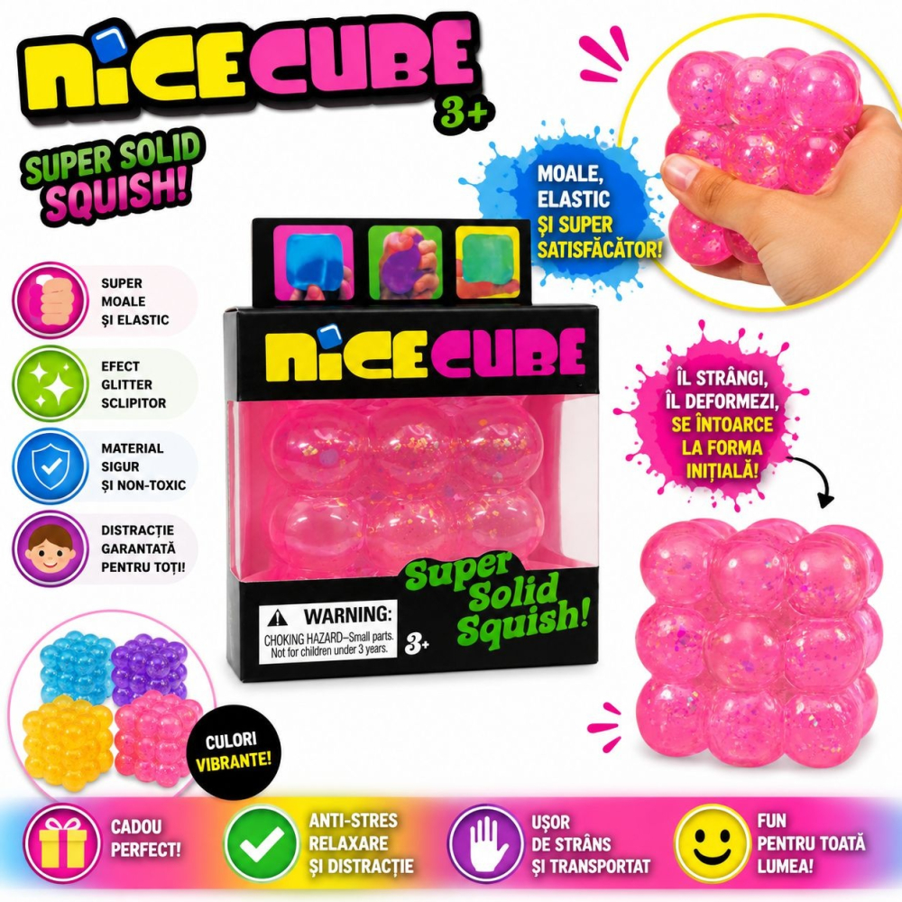 Jucărie Antistres Nice Cube Bubble cu Sclipici 5cm - Cub Squishy Elastic, Glitter Strălucitor [2]