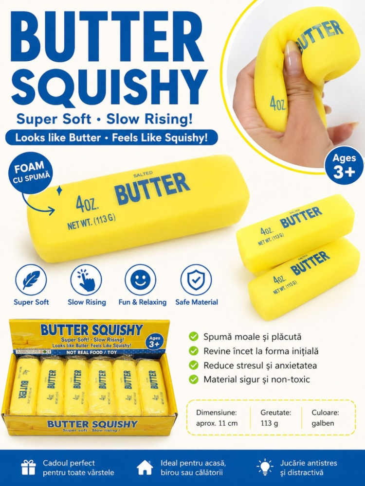 Jucărie Antistres Squishy Butter cu Spumă, Moale și Elastică, Model Unt, 11 cm [2]