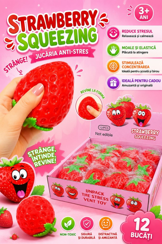 Jucărie Antistres Squishy Căpșună 7cm - Fidget Toy Moale și Elastic pentru Relaxare, Reducerea Stresului [3]