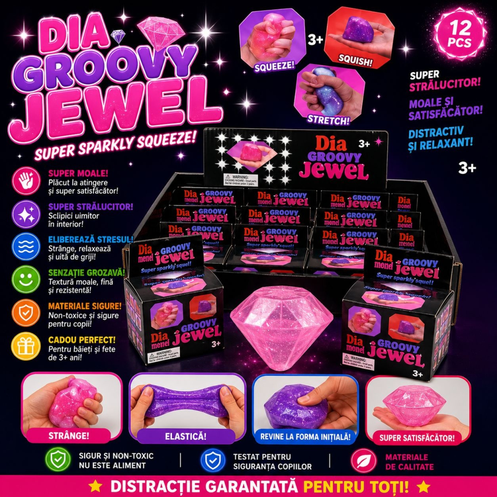 Jucarie antistres Squishy Diamond 6cm, moale cu sclipici, culoare aleatorie [3]