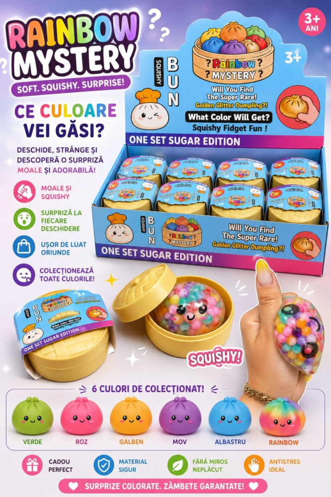 Jucărie Antistres Squishy Dumpling cu Bile Gel Colorate, 5 cm, Rainbow Mystery, Surpriză Colorată [2]