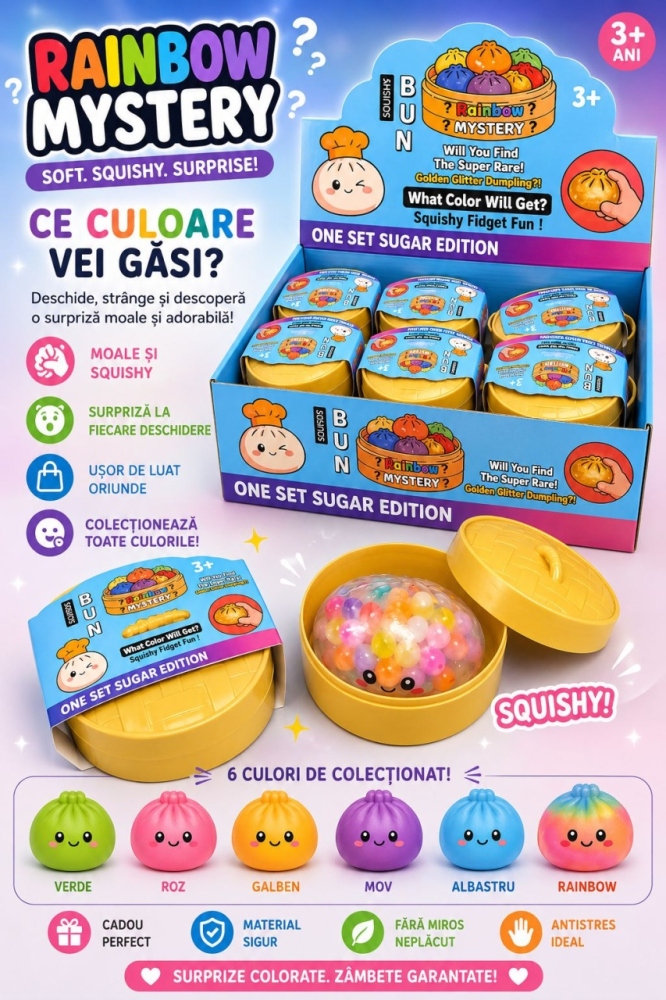 Jucărie Antistres Squishy Dumpling cu Bile Gel Colorate, 8 cm, Rainbow Mystery [2]