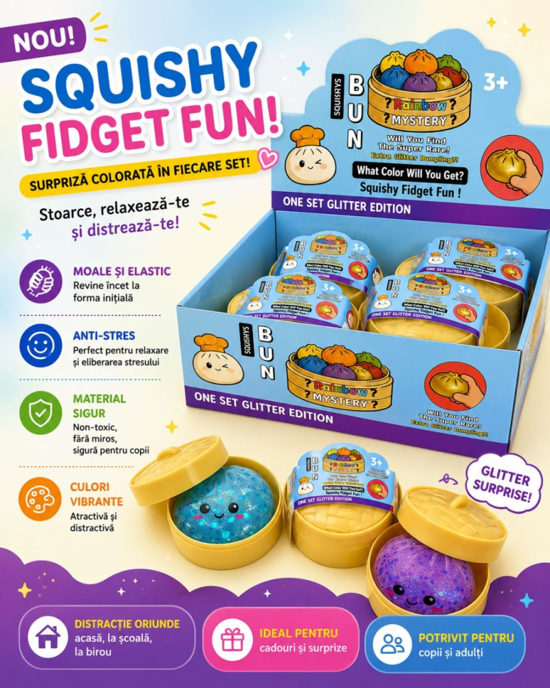 Jucărie Antistres Squishy Dumpling cu Bile Gel și Sclipici, 8 cm, Fidget Toy Surpriză Colorată [2]