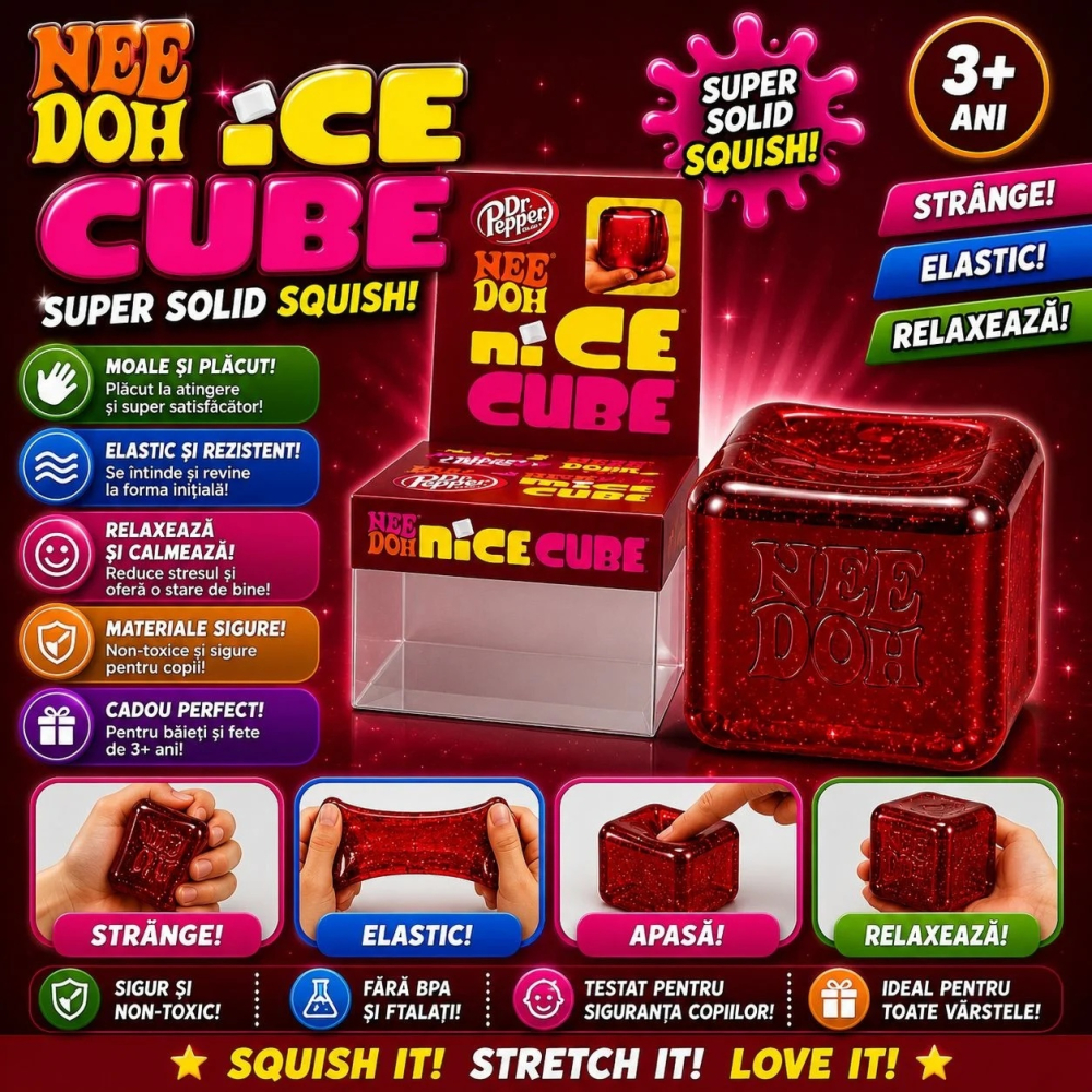 Jucarie antistres Squishy Ice Cube Rosu, model cub de gheata [3]