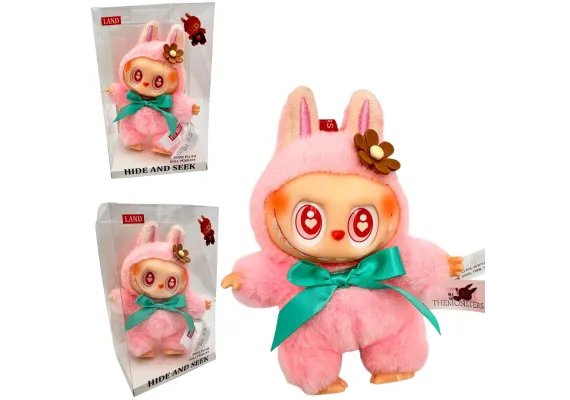 Labubu Plus Roz 18cm – Jucarie de Colectie Hide and Seek, in Costum Pufos cu Urechi de Iepuras, Fundita Verde si Floare, Editie Limitata in Cutie,  [1]