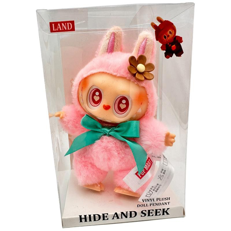 Labubu Plus Roz 18cm – Jucarie de Colectie Hide and Seek, in Costum Pufos cu Urechi de Iepuras, Fundita Verde si Floare, Editie Limitata in Cutie,  [6]