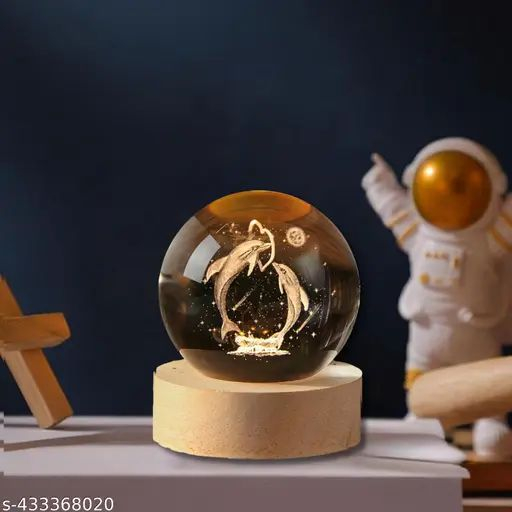 Lampa de veghe Glob Cristal 3D cu Delfini – 6cm, baza lemn, lumina calda ambientala, BaoBao [2]
