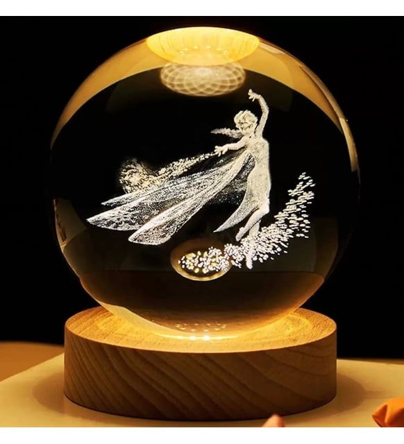 Lampa de veghe Glob Cristal 3D cu Zana Dansatoare, 6cm, lumina calda ambientala, cu baza din lemn, BaoBao [1]