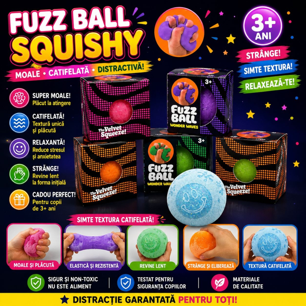 Minge antistres Squishy Fuzz Ball, textura catifelata, culoare aleatorie, 6cm [2]