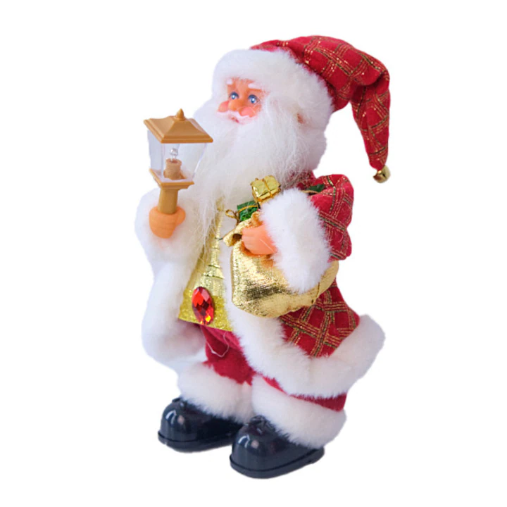 Mos Craciun decorativ 30 cm cu sac auriu si felinar – figurina eleganta pentru decor de Craciun [1]