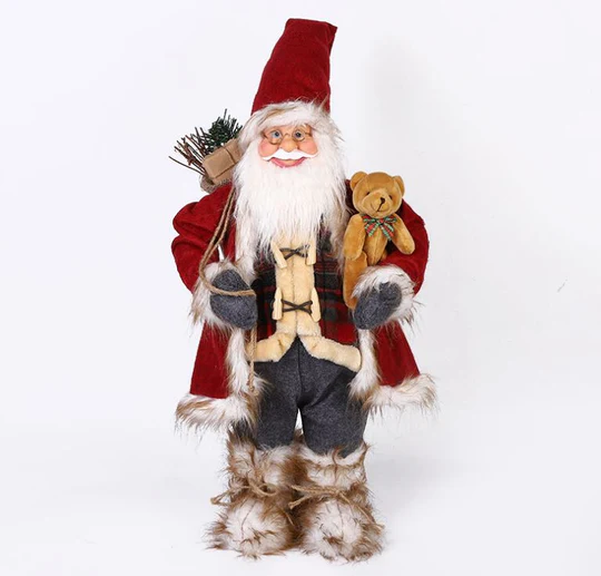 Mos Craciun decorativ 45 cm rustic cu ursulet si sac cu cadouri – figurina traditionala pentru decor de iarna [2]