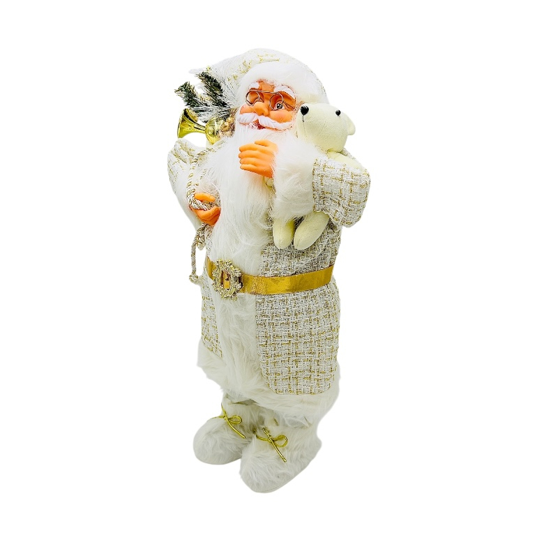 Mos Craciun decorativ 70 cm alb-auriu cu ursulet si sac cu crengute – figurina eleganta de Craciun pentru decor de lux [3]