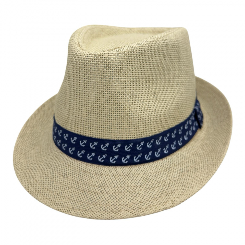 Palarie tip fedora pentru barbati cu banda decorativa bleumarin si ancora – stil casual de vara [1]