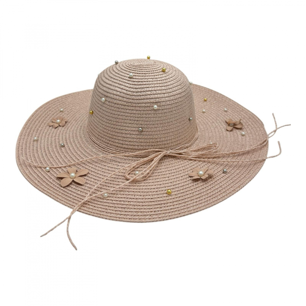 Palarie dama de vara cu bor larg, flori aplicate si perle decorative – model romantic [1]