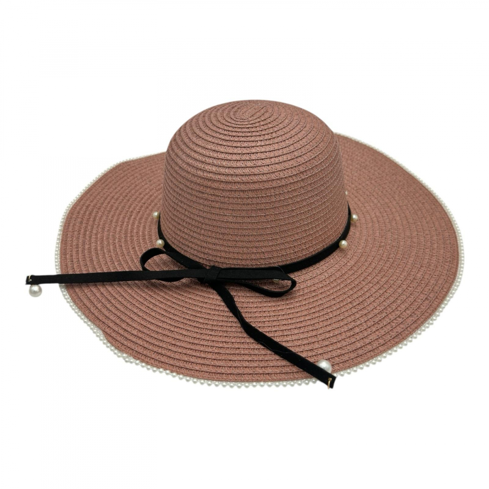 Palarie dama eleganta de vara cu bor larg, fundita neagra si perlute – accesoriu rafinat [1]