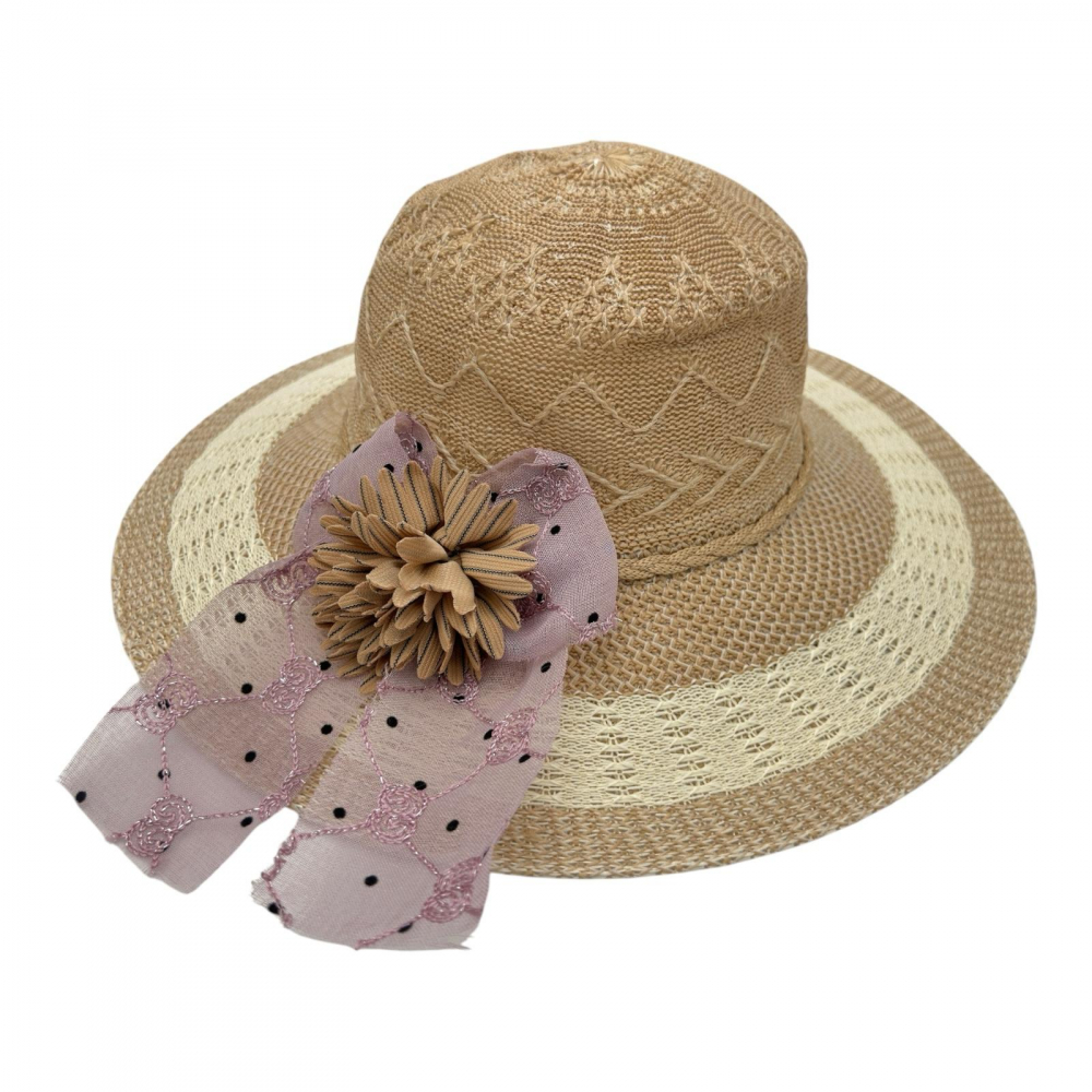 Palarie dama de vara cu bor mic, funda decorativa si floare textila – stil elegant, 100% poliester [1]