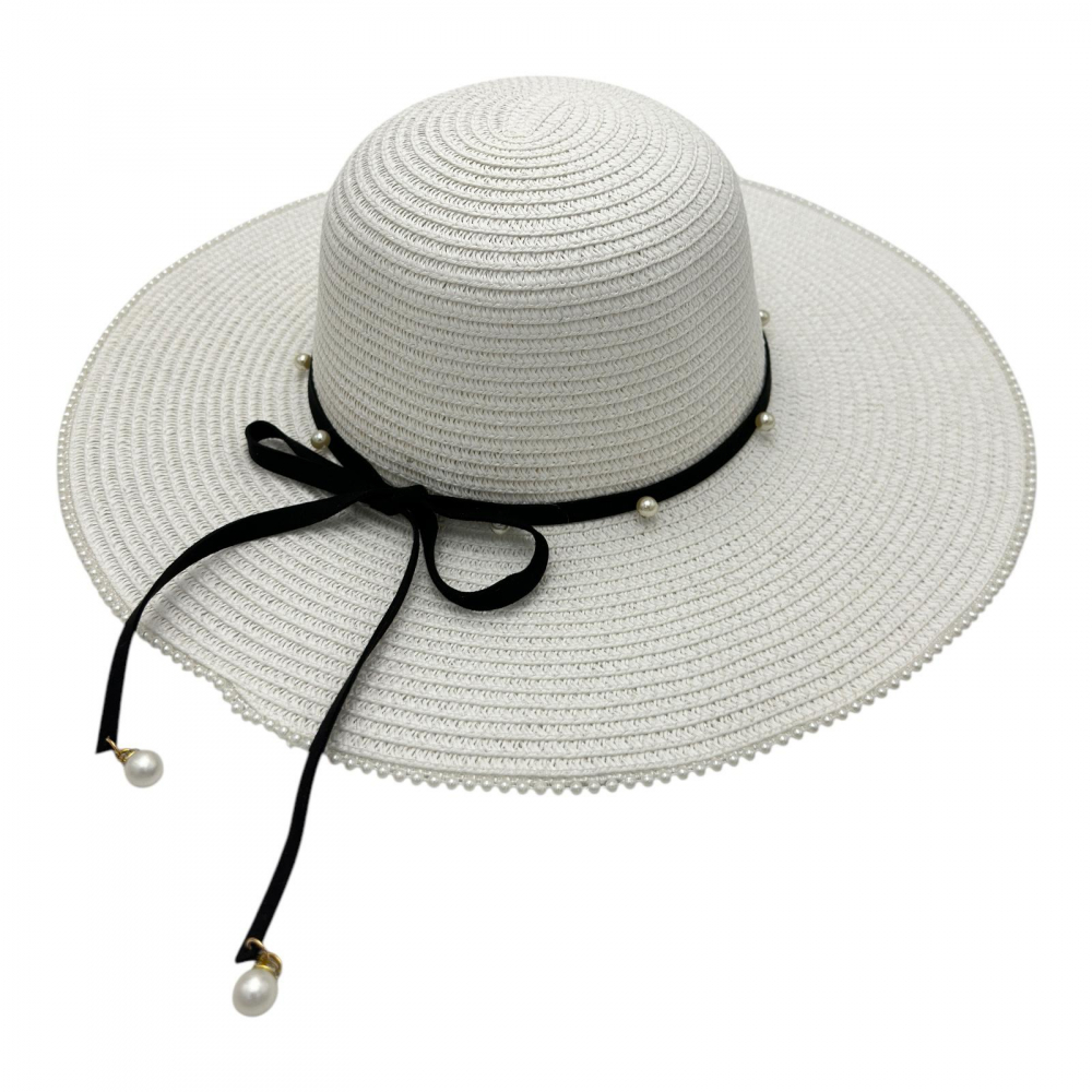 Palarie dama eleganta de vara cu bor larg, fundita neagra si perlute – accesoriu rafinat [1]