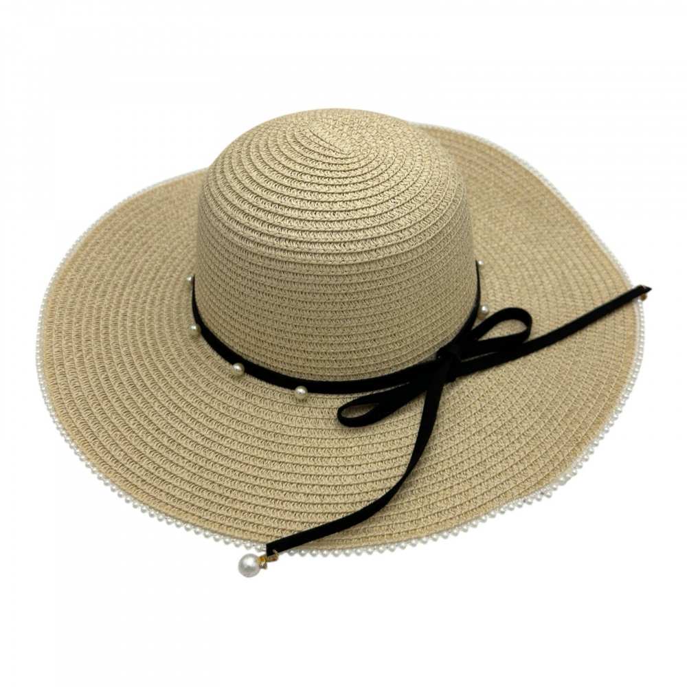 Palarie dama eleganta de vara cu bor larg, fundita neagra si perlute – accesoriu rafinat [1]