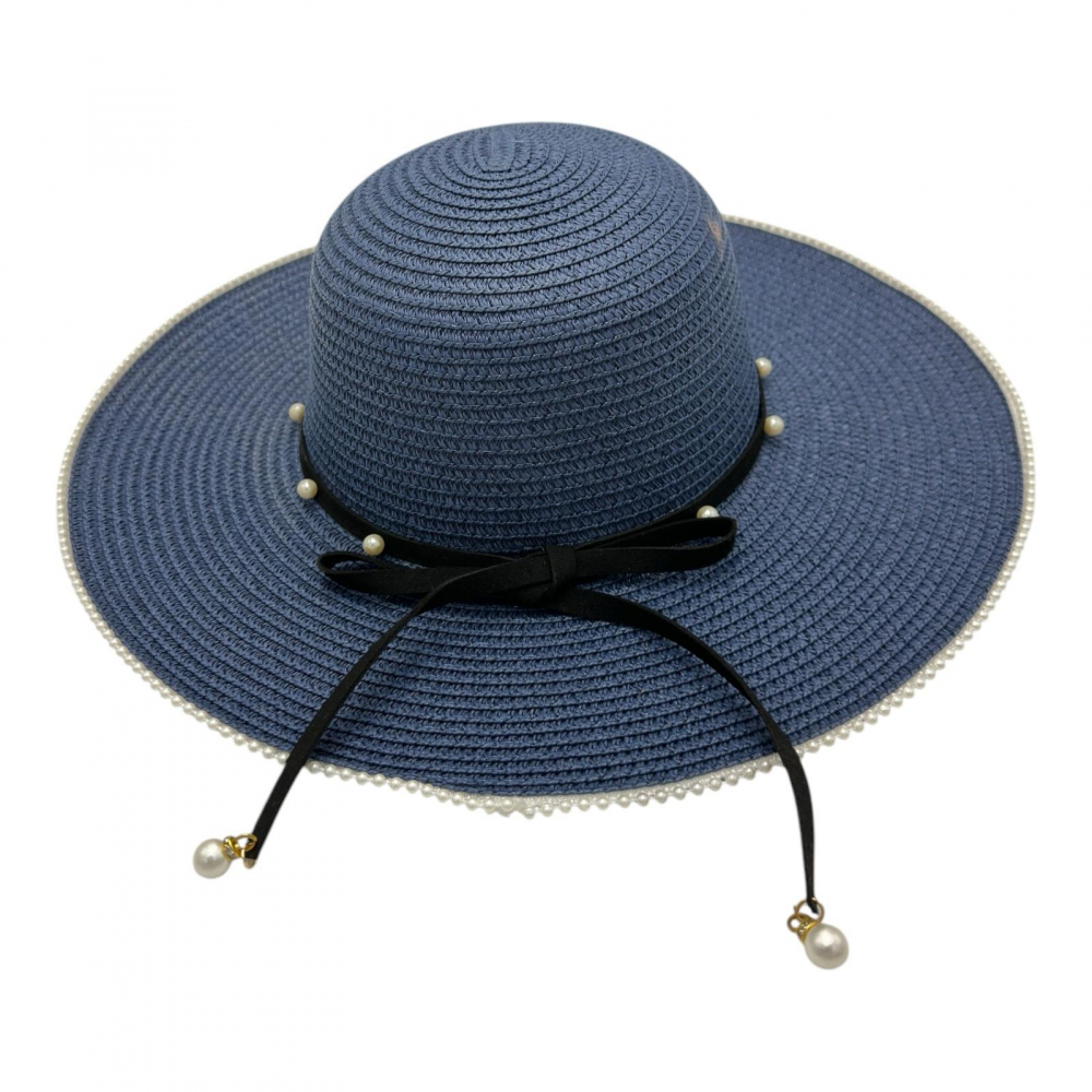 Palarie dama eleganta de vara cu bor larg, fundita neagra si perlute – accesoriu rafinat [1]