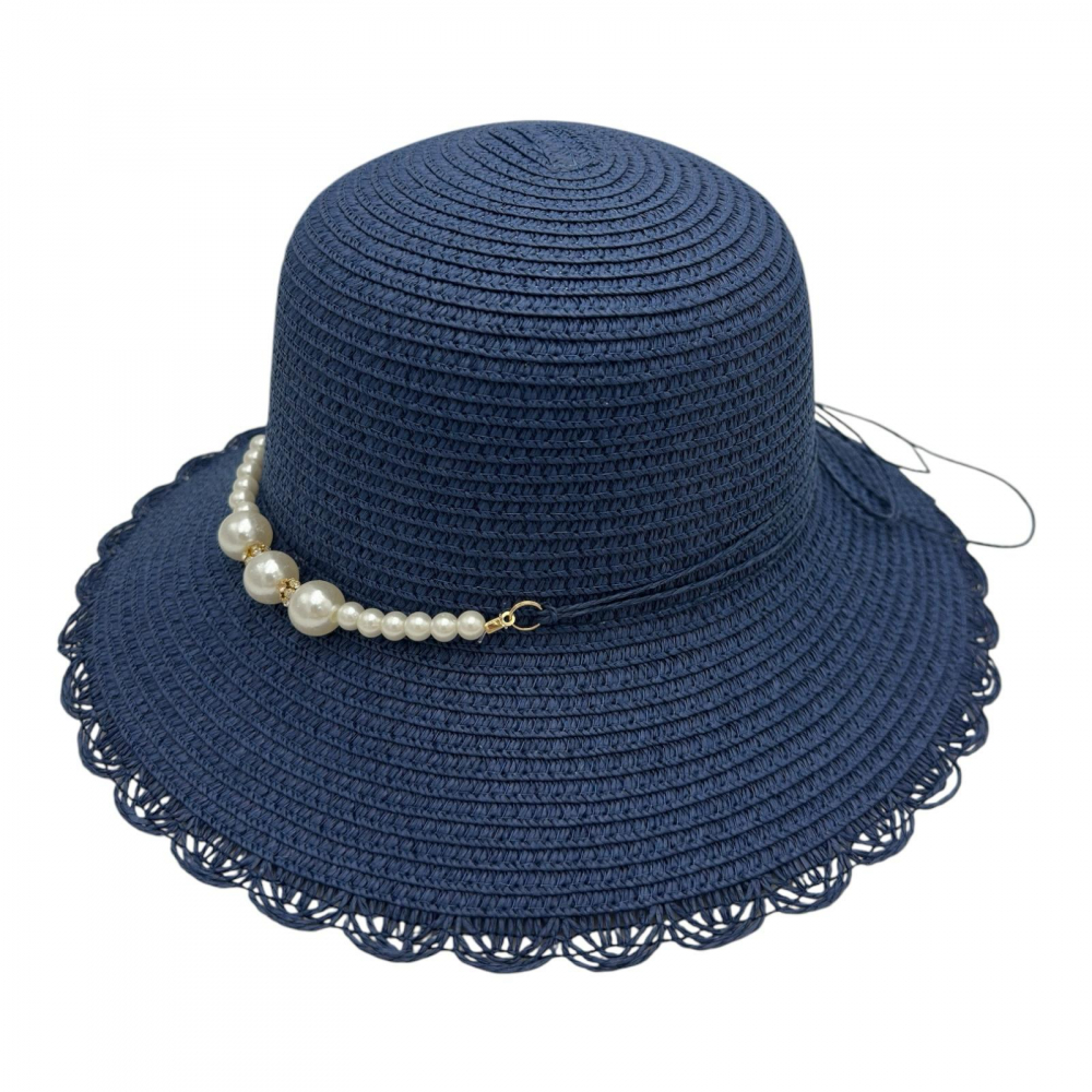 Palarie dama eleganta de vara cu bor mediu si margine ondulata – accesoriu cu perlute [1]