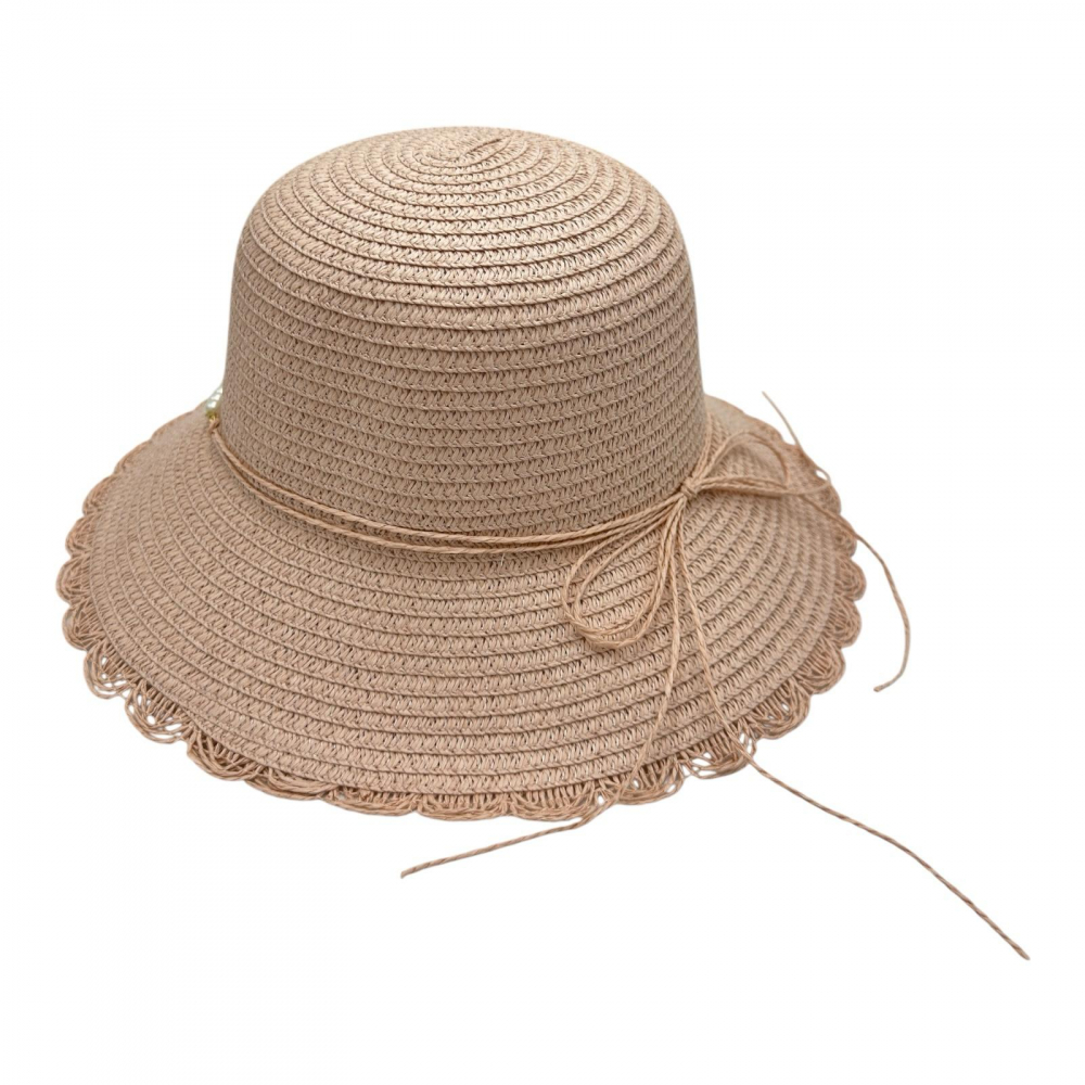 Palarie dama eleganta de vara cu bor mediu si margine ondulata – accesoriu cu perlute [1]