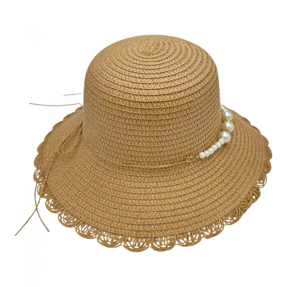 Palarie dama eleganta de vara cu bor mediu si margine ondulata – accesoriu cu perlute [1]