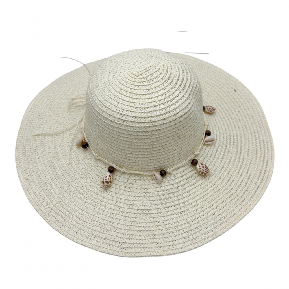 Palarie de plaja dama cu scoici – accesoriu elegant de vara cu banda decorativa, 100% poliester [1]