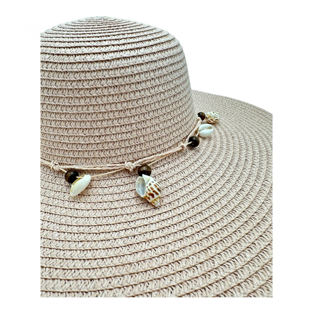 Palarie de plaja dama cu scoici – accesoriu elegant de vara cu banda decorativa, 100% poliester [2]