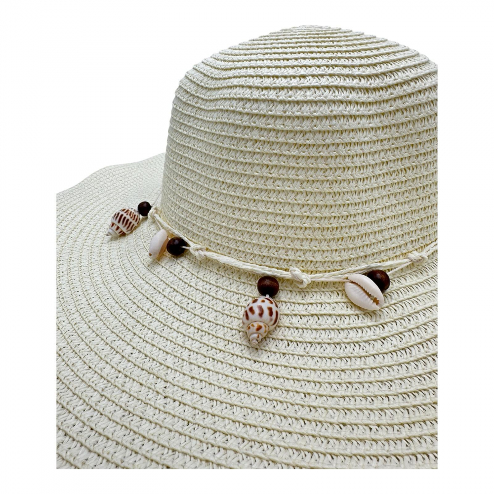 Palarie de plaja dama cu scoici – accesoriu elegant de vara cu banda decorativa, 100% poliester [2]