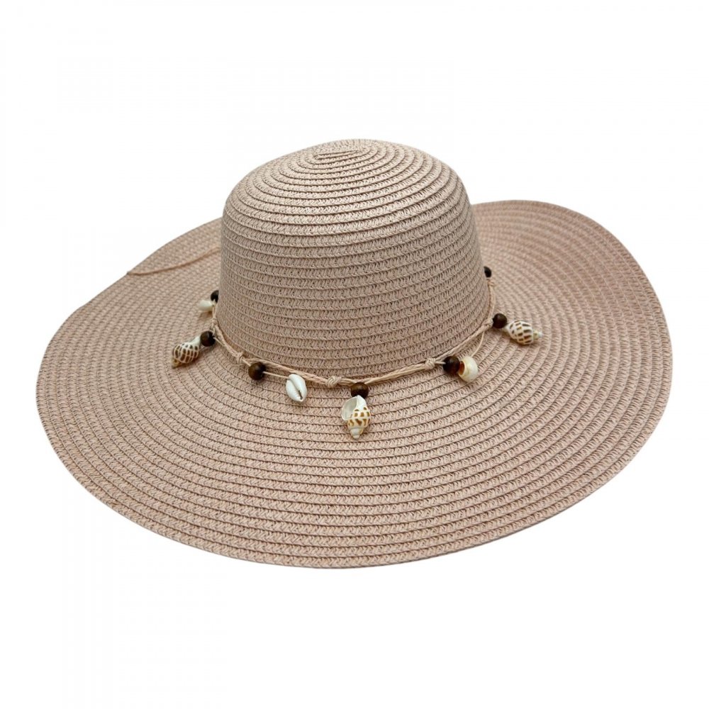 Palarie de plaja dama cu scoici – accesoriu elegant de vara cu banda decorativa, 100% poliester [1]