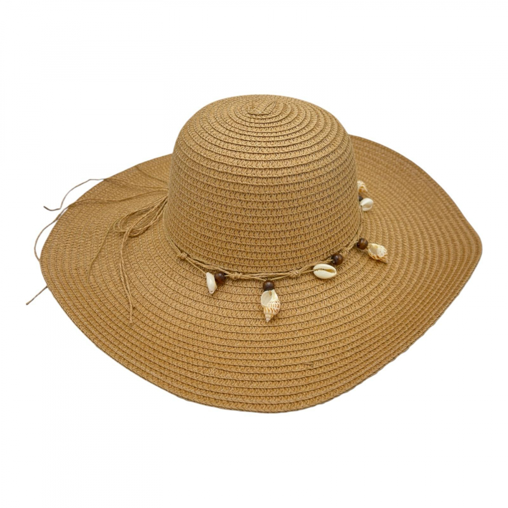 Palarie de plaja dama cu scoici – accesoriu elegant de vara cu banda decorativa, 100% poliester [1]