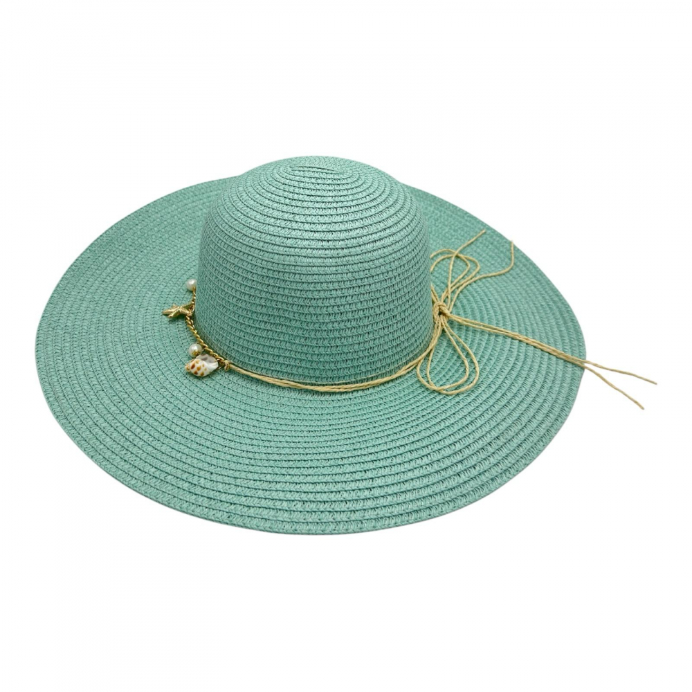 Palarie de plaja dama cu scoici albe si aurii – accesoriu de vara cu banda decorativa, 100% poliester [1]