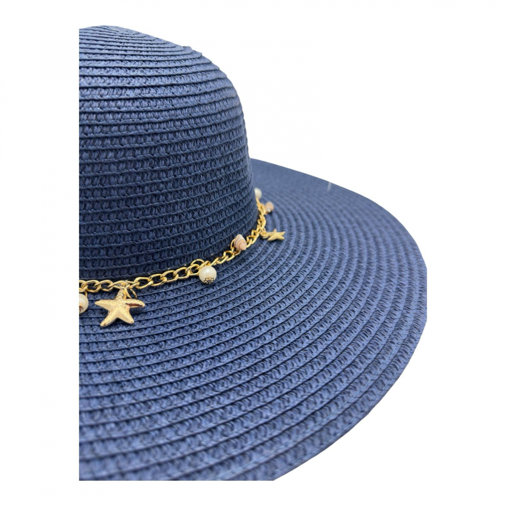 Palarie de plaja dama cu scoici albe si aurii – accesoriu de vara cu banda decorativa, 100% poliester [2]
