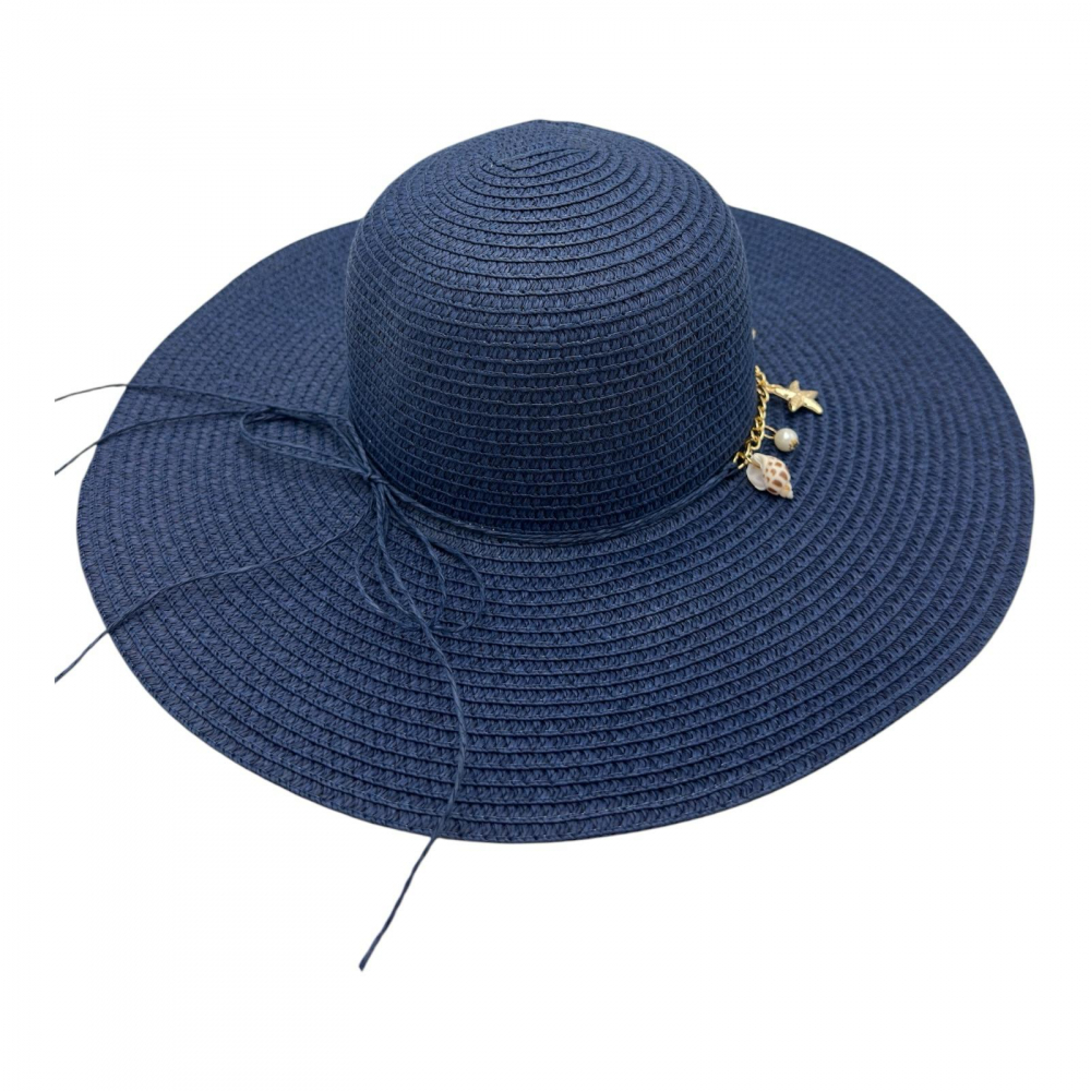 Palarie de plaja dama cu scoici albe si aurii – accesoriu de vara cu banda decorativa, 100% poliester [1]