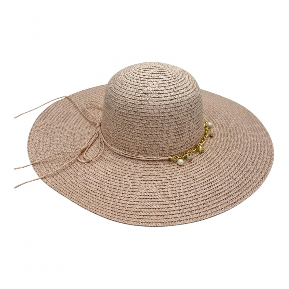 Palarie de plaja dama cu scoici albe si aurii – accesoriu de vara cu banda decorativa, 100% poliester [1]