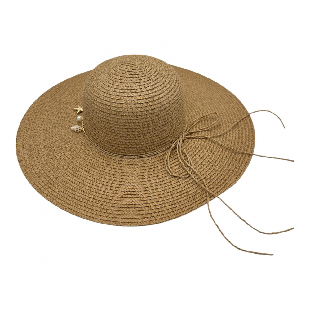 Palarie de plaja dama cu scoici albe si aurii – accesoriu de vara cu banda decorativa, 100% poliester [1]