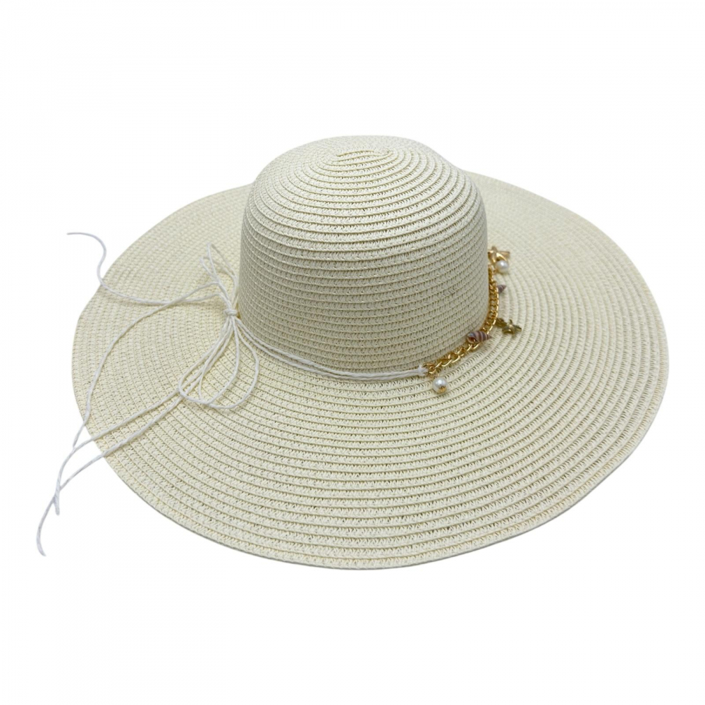 Palarie de plaja dama cu scoici albe si aurii – accesoriu de vara cu banda decorativa, 100% poliester [2]