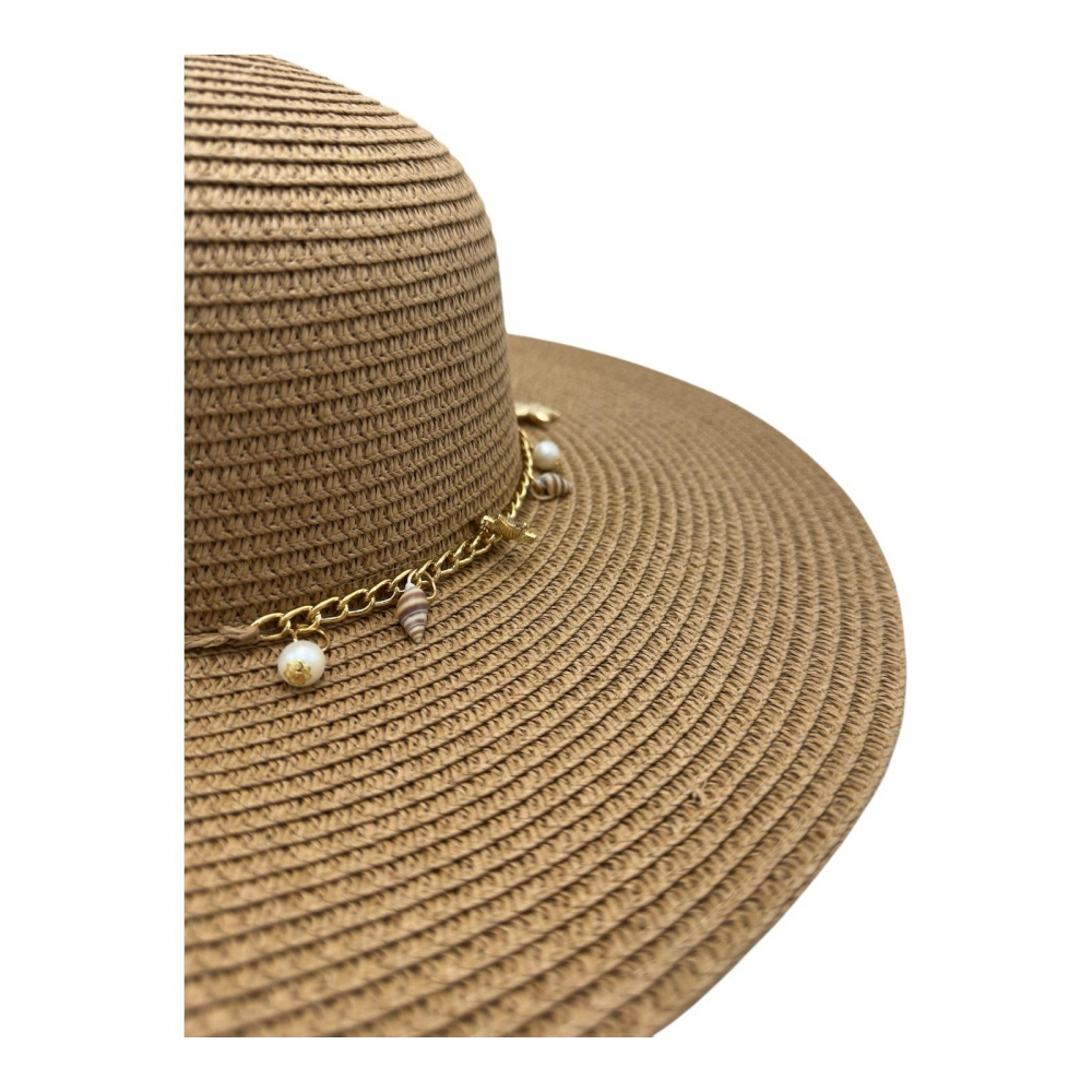 Palarie de plaja dama cu scoici albe si aurii – accesoriu de vara cu banda decorativa, 100% poliester [2]