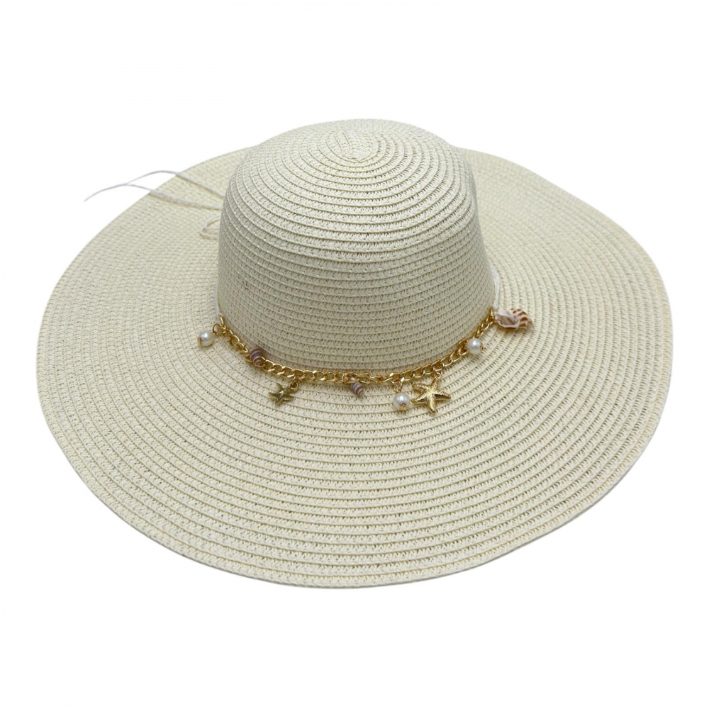 Palarie de plaja dama cu scoici albe si aurii – accesoriu de vara cu banda decorativa, 100% poliester [1]