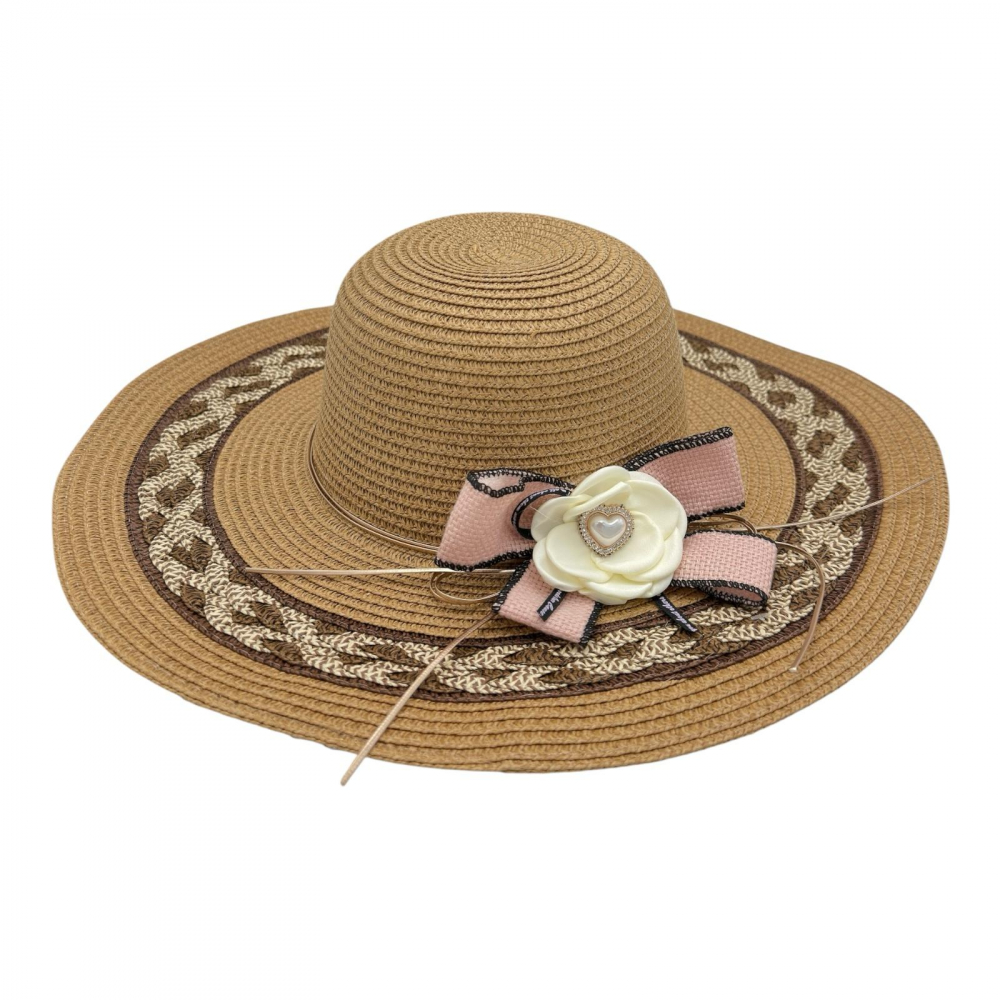 Palarie de plaja dama eleganta cu floare decorativa si fundita – accesoriu de vara, 100% poliester [1]