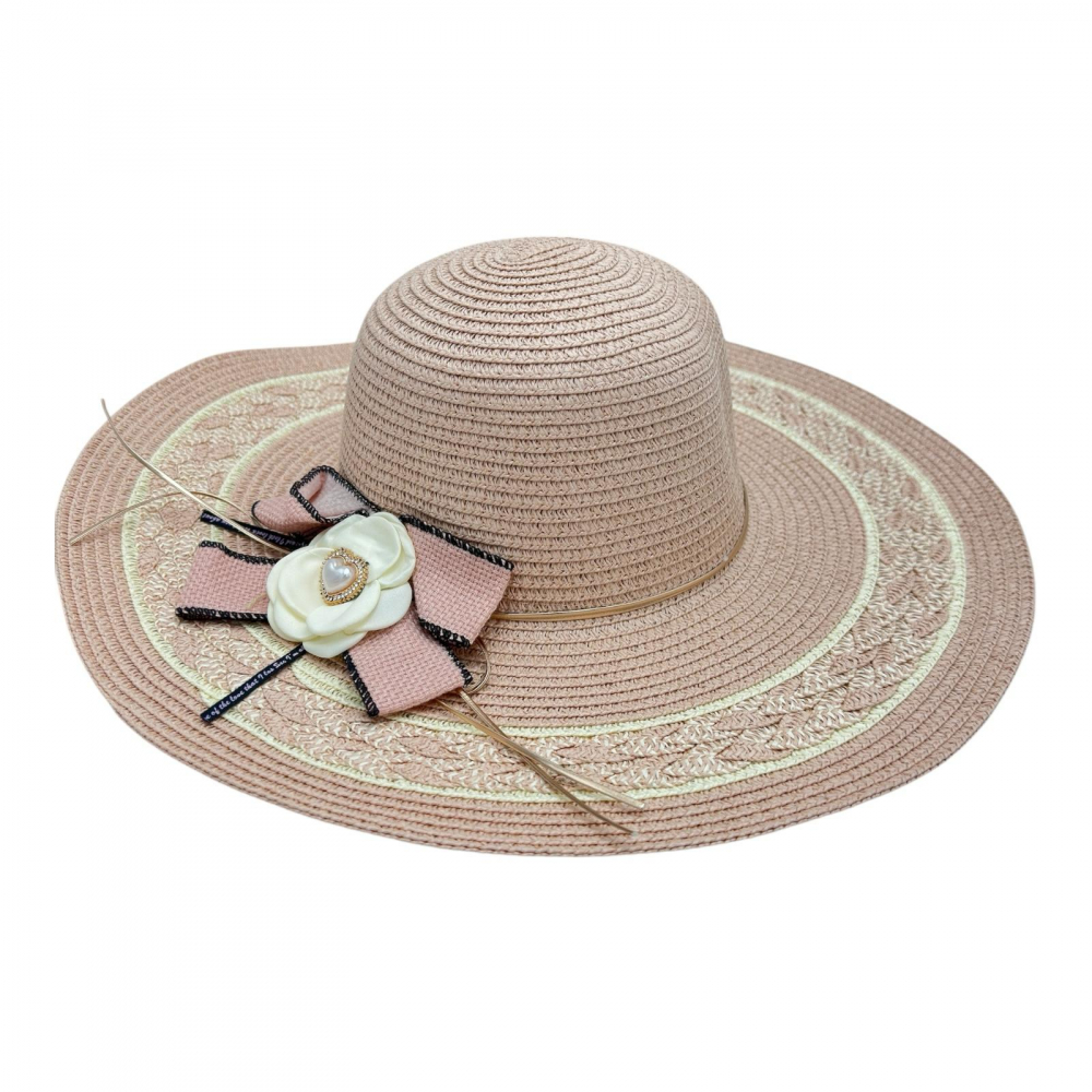 Palarie de plaja dama eleganta cu floare decorativa si fundita – accesoriu de vara, 100% poliester [1]