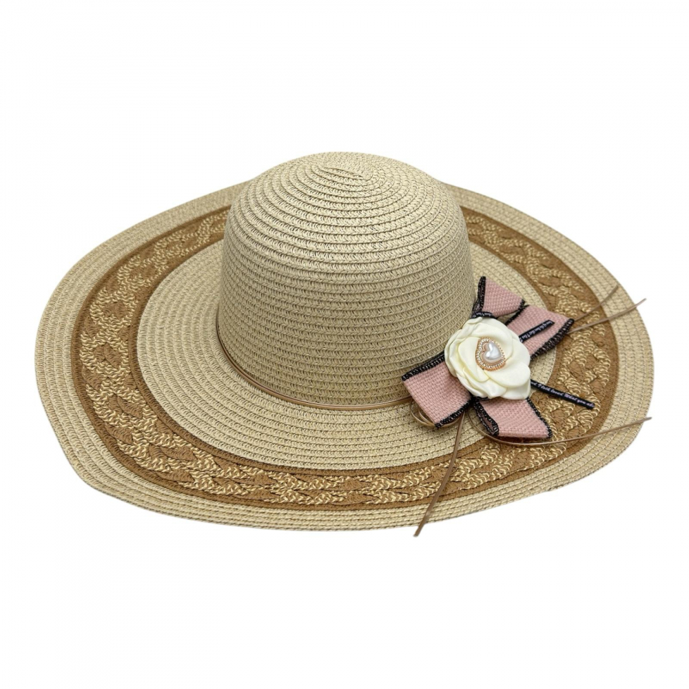 Palarie de plaja dama eleganta cu floare decorativa si fundita – accesoriu de vara, 100% poliester [1]