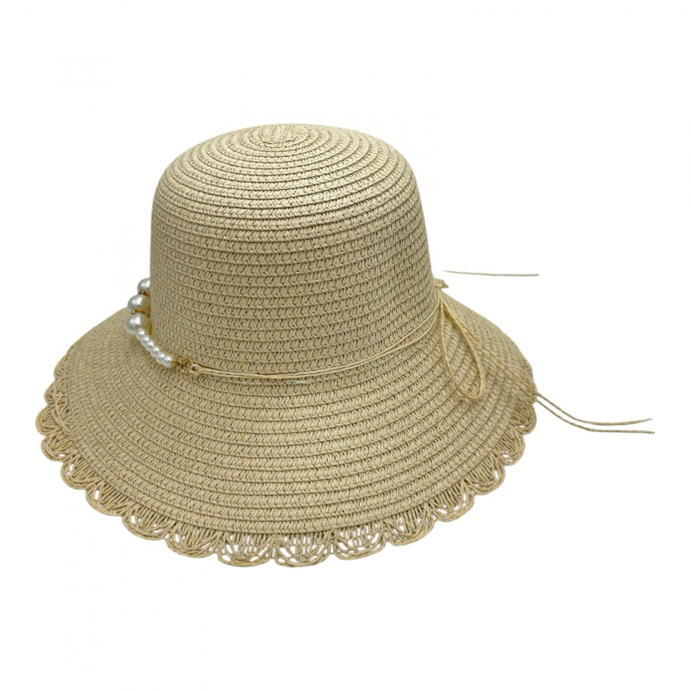 Palarie dama eleganta de vara cu bor mediu si margine ondulata – accesoriu cu perlute [1]