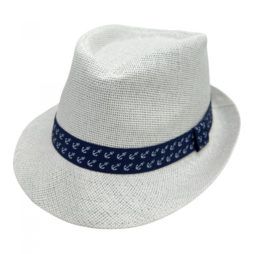 Palarie tip fedora pentru barbati cu banda decorativa bleumarin si ancora – stil casual de vara [1]