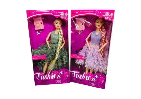 Papusa Fashion imbracata in rochita cu pene, accesorii diverse, par împletit, 31×16cm, diverse culori,  [1]