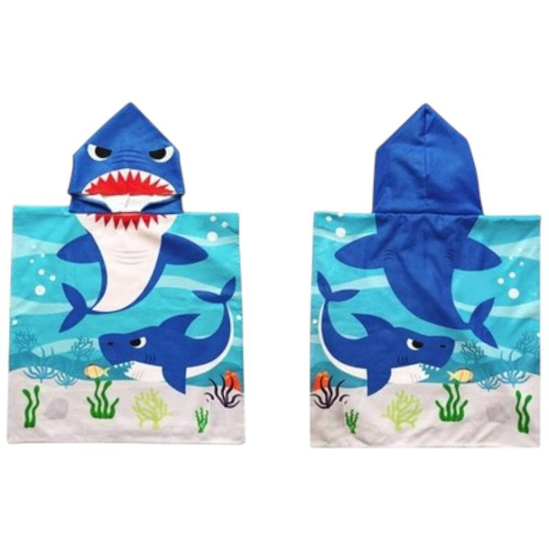 Prosop poncho copii 56x60 cm cu rechin si gluga – model haios pentru plaja si piscina [1]