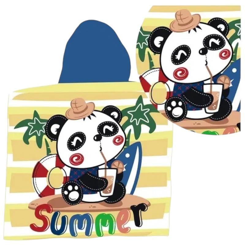 Prosop poncho copii 56x60 cm cu urs panda si gluga – model de vara colorat [1]