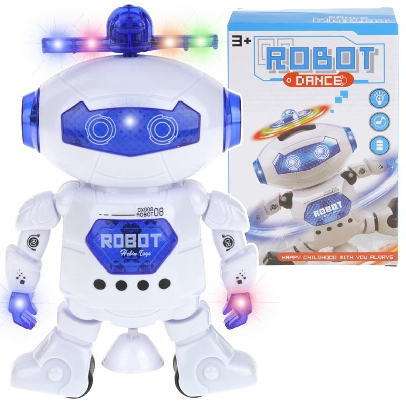 Robot dansator 360° cu lumini LED si muzica, auto-evitare obstacole, cap cu proiector, alb/negru [1]